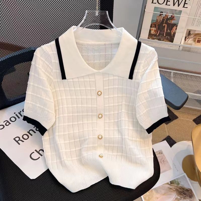 Retro Hollow Ice Silk Short-Sleeved Shirt for Women Summer New French Striped Sweater Temperament Slimming Small Fragrance Top