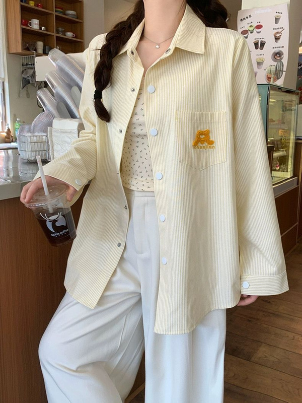 美式复古黄色条纹Polo领衬衫外套女春秋宽松休闲开衫慵懒衬衣上衣|undefined
