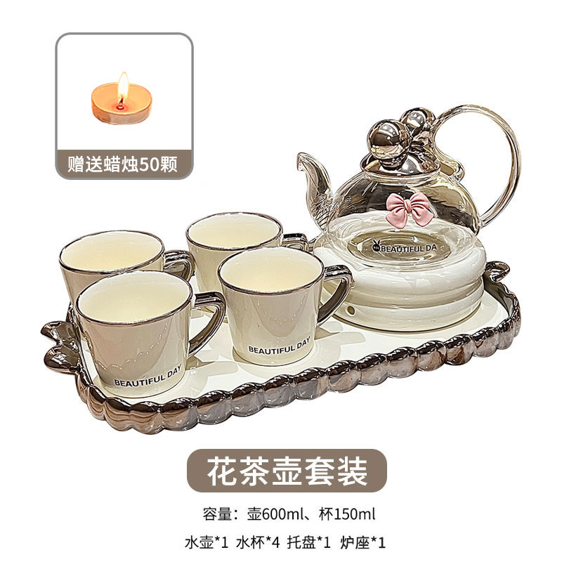 INS estilo bowknot botella de agua fría juego de té traje taza creativa Taza de cerámica de alta apariencia para el hogar con bandeja