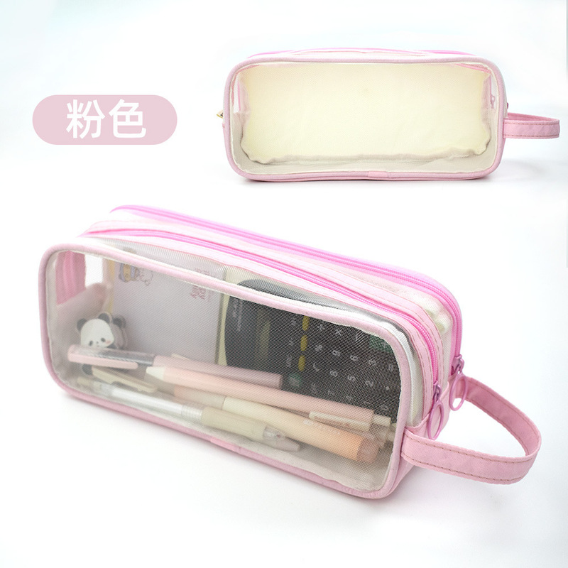 双层透明网纱笔袋简约多层手提笔袋大容量学生考试专用文具收纳袋|undefined