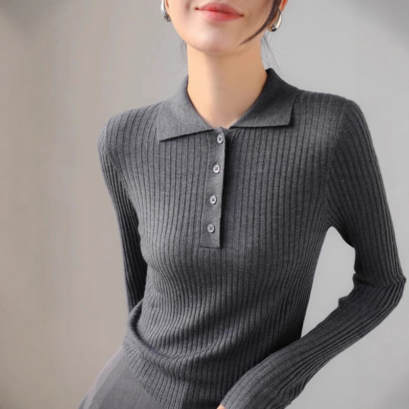 法式复古POLO领坑条长袖时尚针织衫女春秋简约修身内搭打底衫上衣|undefined