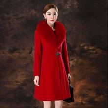 羊毛绒大衣女中长款20冬装新款大红色修身上衣真狐狸毛领外套