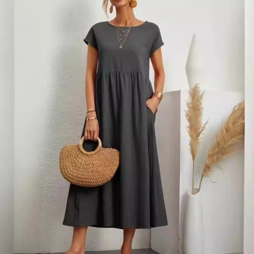 eBay Western-style solid color sleeveless loose cotton linen pocket dress