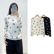 2025年秋冬女装法式刺绣100%羊毛毛衣女圆领长袖套头打底针织衫薄