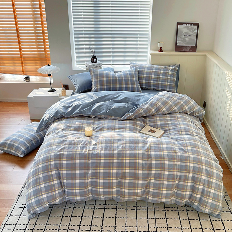 Juego de tres piezas de algodón lavado teñido en hilo, dormitorio de estudiantes universitarios, juego de literas, sábana, sábana, sábana, juego de cuatro piezas