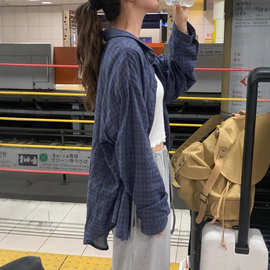 外贸韩国东大门秋季新款藏青格子宽松外搭衬衣防晒薄款外套百搭女