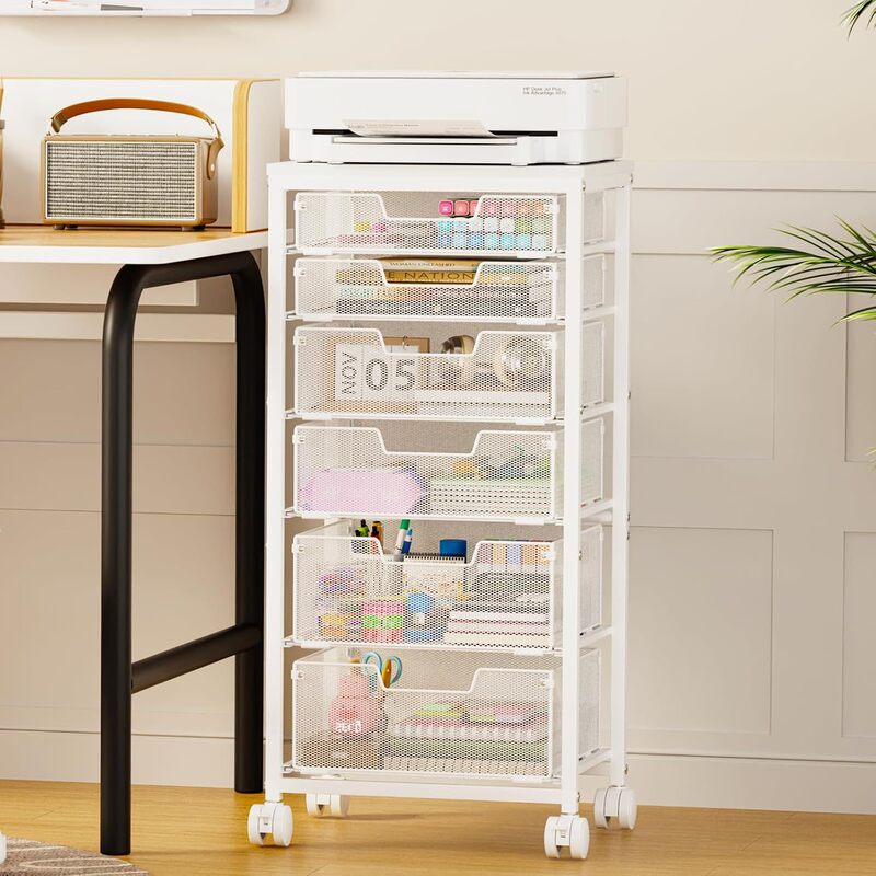 Seven-tier file storage cart with wheels and drawers, a multi-functional white rolling file organizer