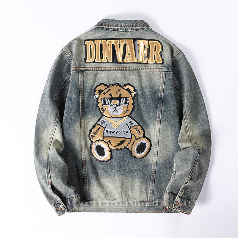 Bear [Trendy] High-luxury locomotive style embroidery fashionable men's denim jacket, denim jacket men's top 532_voghion.com
