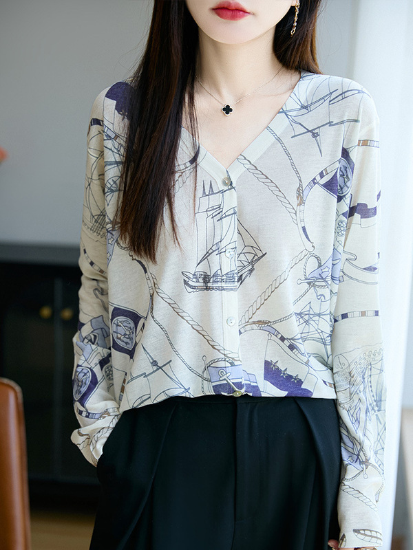 Water-Soluble Printed Smudged Knitted Cardigan for Women Spring & Fall Thin Lyocell V Neck Ink Painting Top Long-Sleeved Sweater Jacket