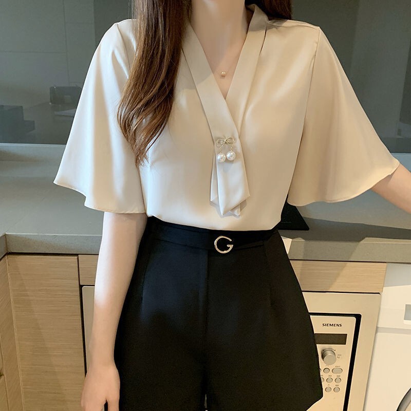 Chiffon Shirt Women's Mid-Sleeve Summer New Korean Style Loose Western Style Small Shirt Trumpet Sleeve V-Neck Elegant Base Shirt