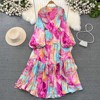 Advanced flashlight, fitted brace, elegant dress, long skirt, high-quality style, long sleeve, V-neckline, A-line, flowered