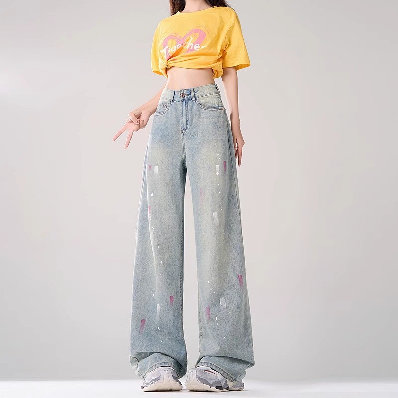 American Light Color Retro Wide Leg Jeans Women's Trendy All-match High Waist Dummy Slimming Loose Casual Straight Pants