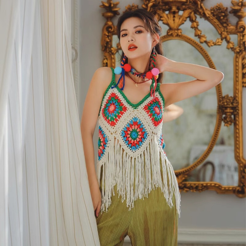 Cross-border Summer Camisole Handmade Hollow-out Knitted Tassel Vacation Bohemian Women's Top with Ethnic Style