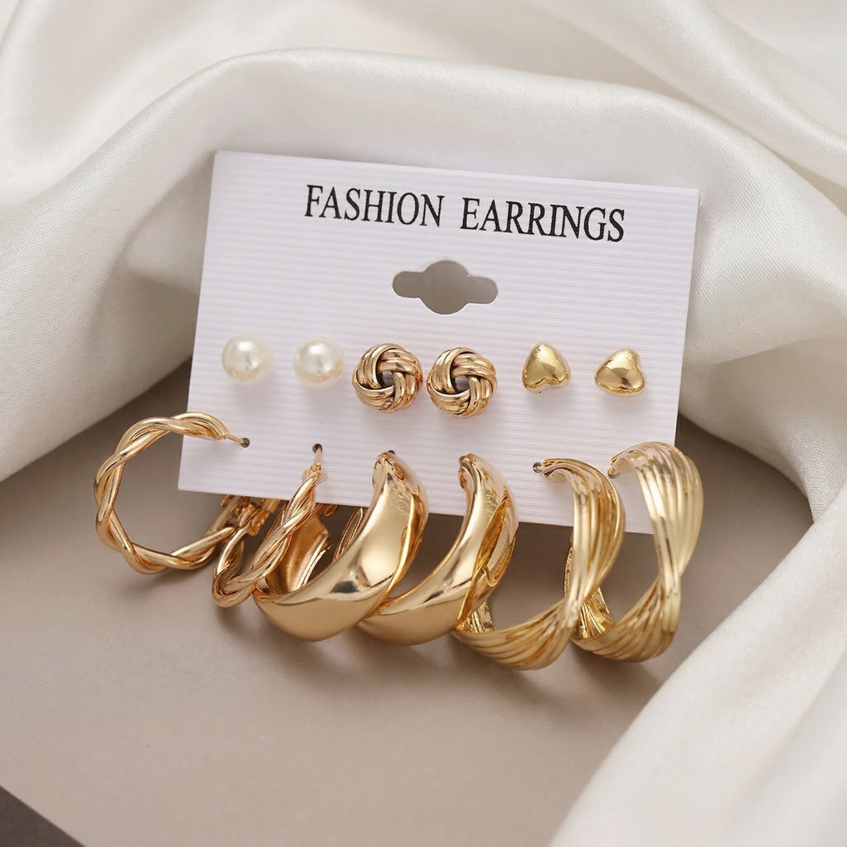 6 Pairs of European and American Cross-Border Personalized Punk Earrings, Geometric Twist Heart Earrings, Multi-Layer Niche Earrings for Women