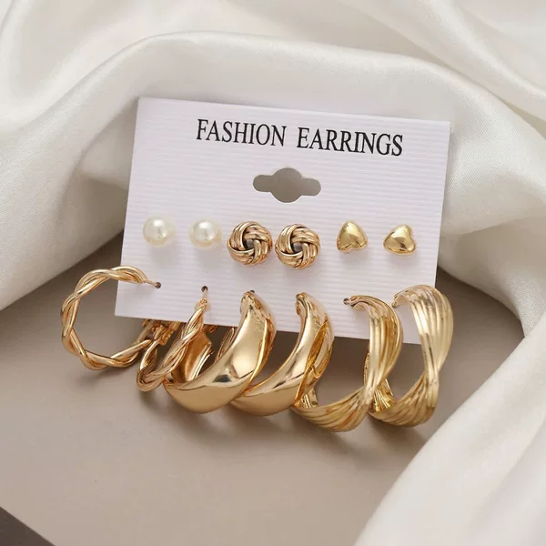 6 Pairs of European and American Cross-Border Personalized Punk Earrings, Geometric Twist Heart Earrings, Multi-Layer Niche Earrings for Women
