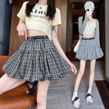 格子花苞短裙女韩系甜妹显瘦百搭褶皱蓬蓬a字半身裙防走光送腰带