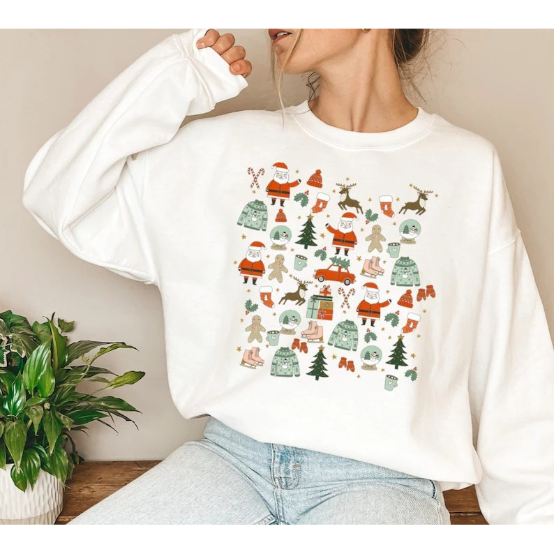 Foreign trade 2024 Christmas cute little things Christmas dress up printed pattern long sleeve top casual round neck sweater
