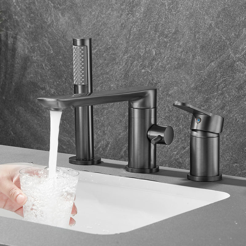 All-copper gun, grey bathtub faucet, side-mounted split hot and cold water faucet, three-piece set, bathroom showerhead, rotatable details Picture