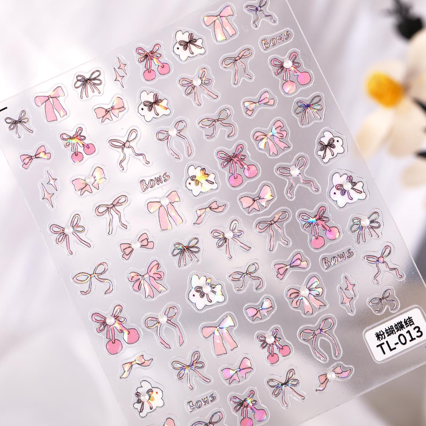 珍珠蝴蝶结美甲贴纸5D浮雕立体晶钻樱桃蝴蝶结指甲贴纸饰品 TL款