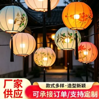 新中式圆形灯笼布艺手绘灯笼景区古街道户外防水防晒弹力布艺灯笼