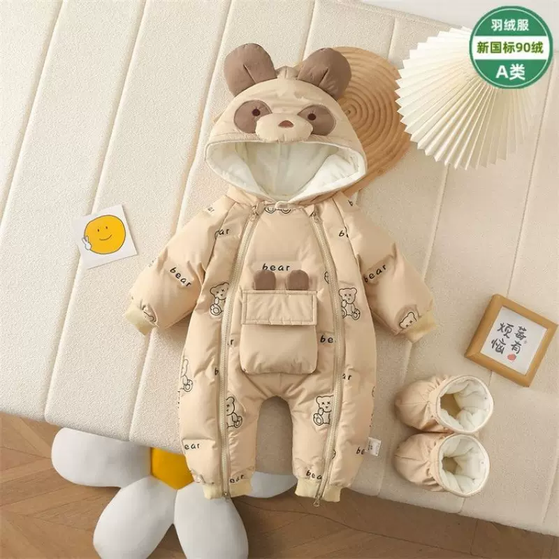 婴儿爬服宝宝羽绒服连体衣2025年冬季白鸭绒童加绒保暖哈衣外出服