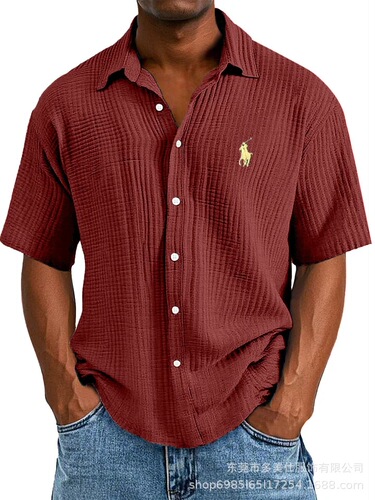 TikTok Temu 2025 New Cross-border Plus Size Embroidered Shirt for Men, Loose Pure Cotton Short Sleeve Collar Shirt