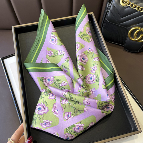 Spring and Autumn French Romantic Retro Purple Anemone Summer Silk Twill 70 Square Scarf for Professional Women