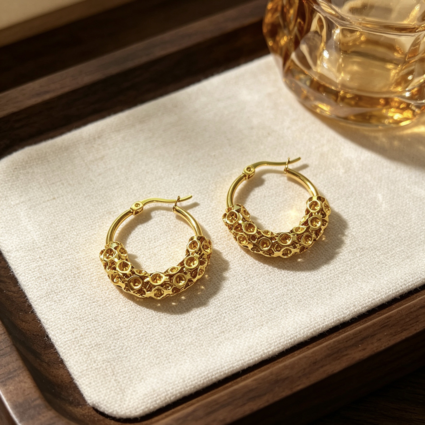 Gold Hoop Earrings Hollow Honeycomb Texture Titanium Steel Studs_voghion.com