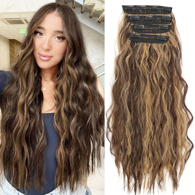 ヨーロッパとアメリカの女性用ウィッグ水波紋 4 ピースヘアエクステンションシミュレーションマット高温シルク 4 ピースクリップヘアエクステンション|undefined