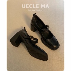 シープスキンバージョン~レトロフレンチシューズレディース太ヒール足が疲れにくいハイヒールブラックスクエアトゥメリージェーンシューズ