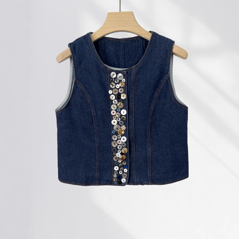 Whisper Bird Original Design Handmade Buckle Denim Vest Female Niche Designer Button Vest