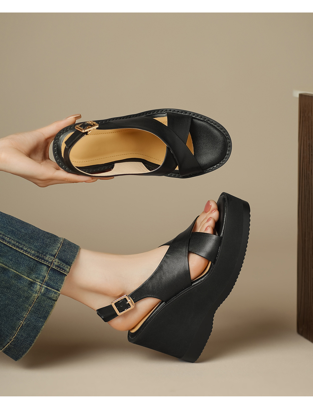 Sandal cao gót nữ hở mũi quai ngang đế xuồng gót 9 cm — đen chi tiết 7