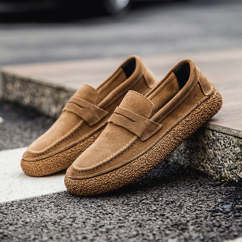 Men's new trendy fashionable loafers  suede genuine leather beanie shoes one-leg soft-soled casual leather shoes for men