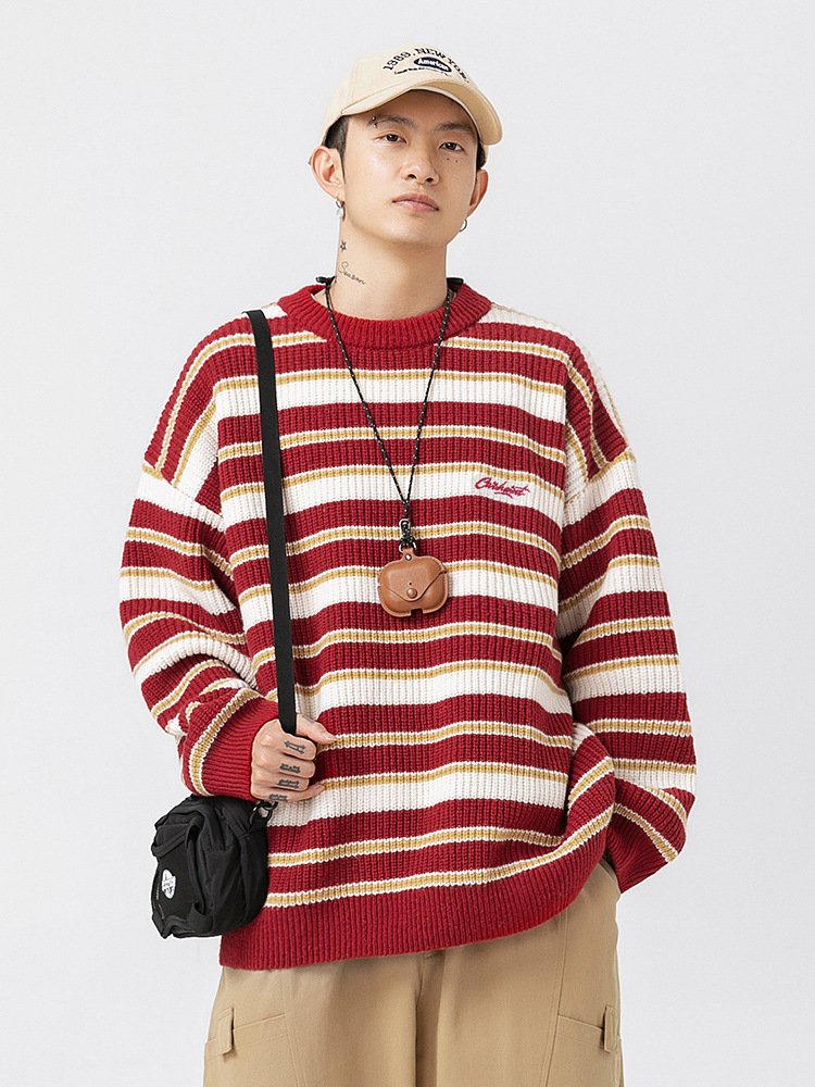 Suéter de punto grueso pesado a rayas para hombres 2024 otoño e invierno nueva pareja retro contraste color chaqueta de suéter de cuello redondo japonés