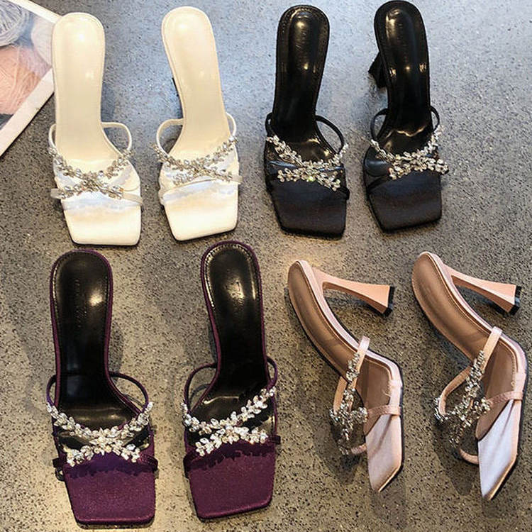 European and American Style Square-Toe Ultra-High Heel Open-Toe Sandals for Women, 2026 Summer New Model with Rhinestone Cross Straps, Elegant Stiletto Slippers