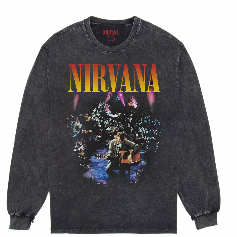 Nirvana Vintage American retro apenado rock punk angustiado lavado batik Camiseta de manga larga