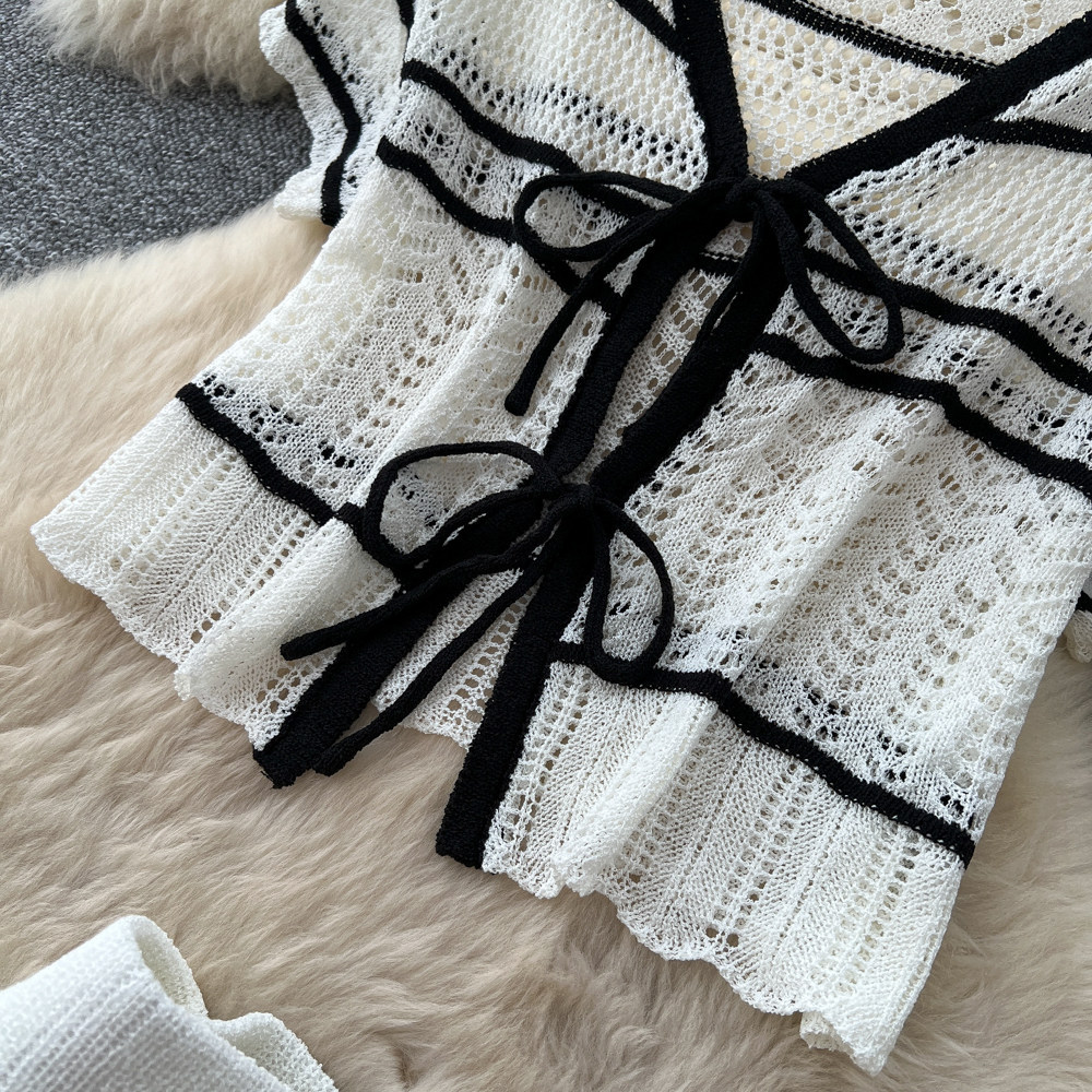 Women's Korean Style Workwear Knit Two Piece Set Summer V Neck Tie Waist Slim Fit White Color Block Stripes_ecoleips.com