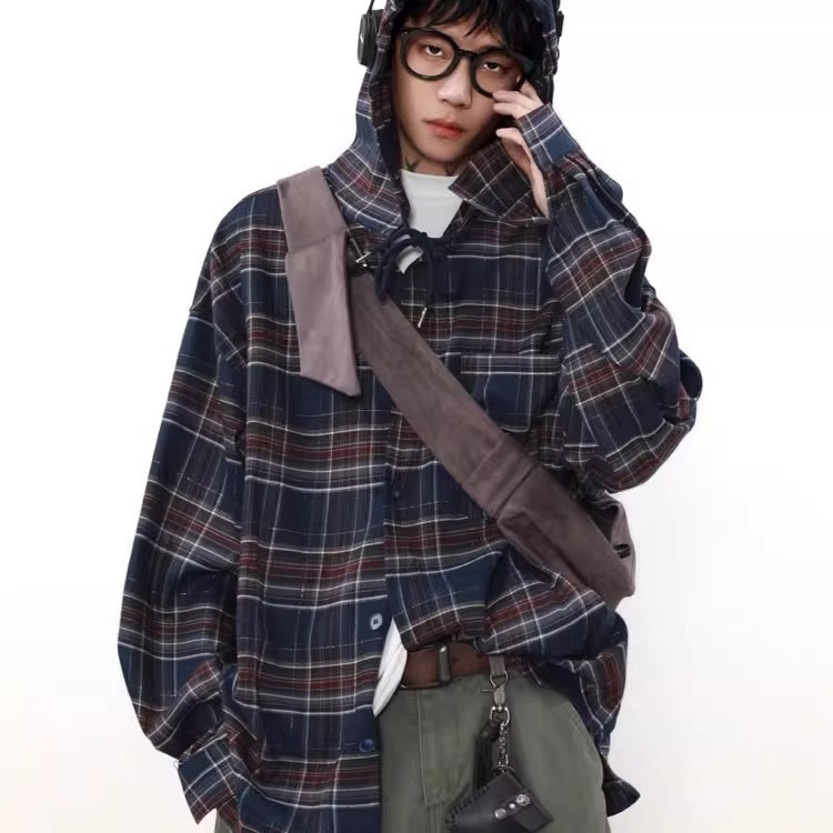 American Retro Contrast Color Plaid Hooded Long-Sleeved Shirt for Men, Trendy Street Style Loose Casual Versatile Shirt Jacket