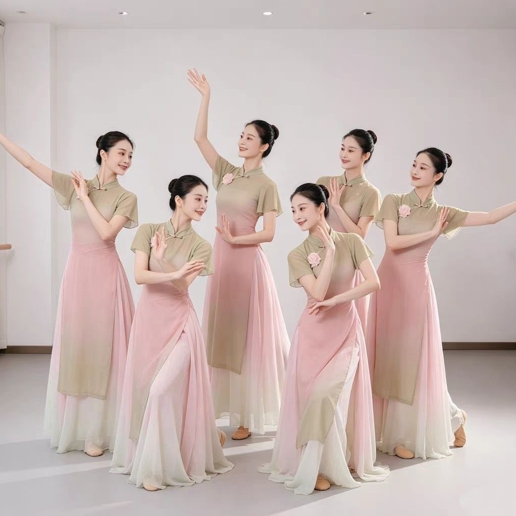 Warm Maple Leaf Classical Dance Performance Costumes: Flowing Gradient Cheongsam, Gauze Dress, Practice Clothes, Fan Dance Performance