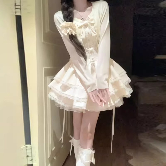 法式甜美超好看开衫外套蓬蓬蛋糕连衣裙两件套小个子春秋穿搭|undefined