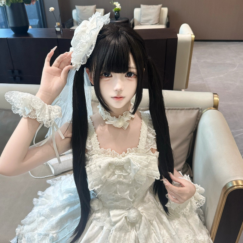 Dai Miao Wig Internet Celebrity Natural Lolita Wig with Bangs and Sideburns New Black-Brown 85cm Straight Hair