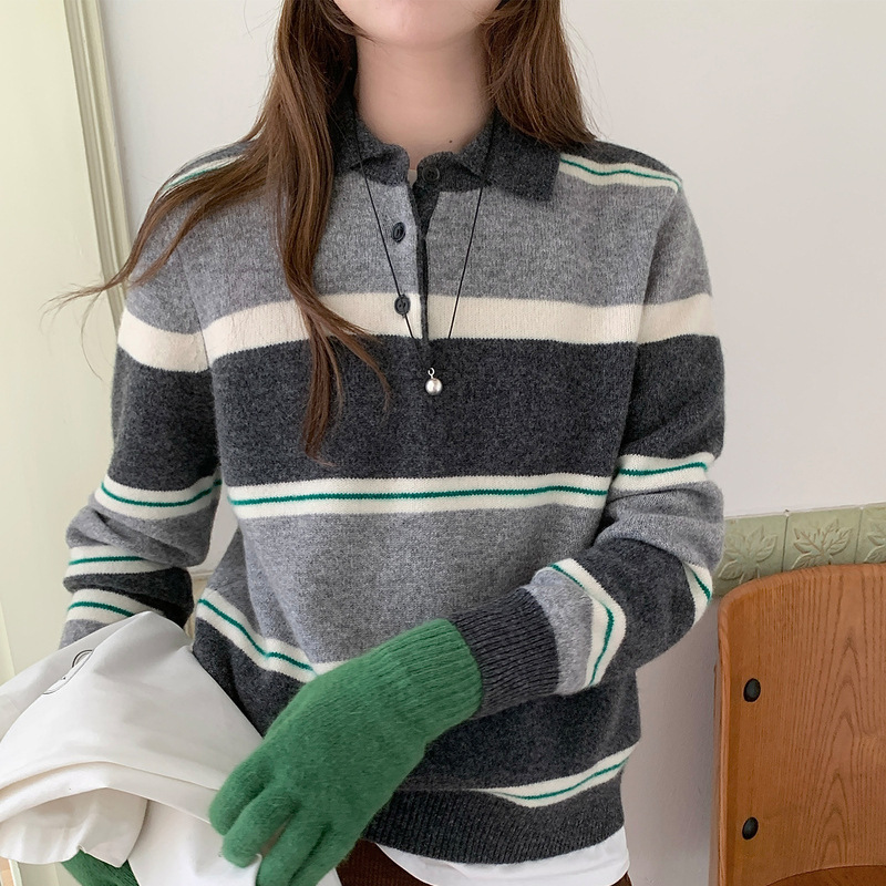 Seven-Stitch Thickened Polo Collar Wool Sweater for Women, New Autumn and Winter Warm Striped Knit Sweater Base Shirt