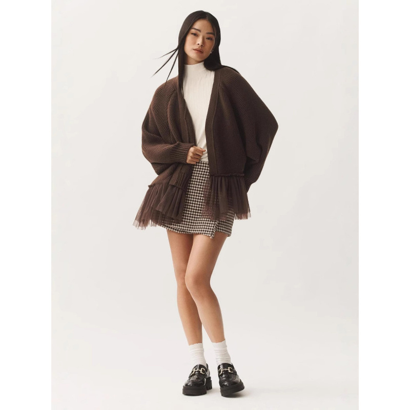 Gilet cardigan à volants en maille pour femme, manches longues, vente en gros_voghion.com