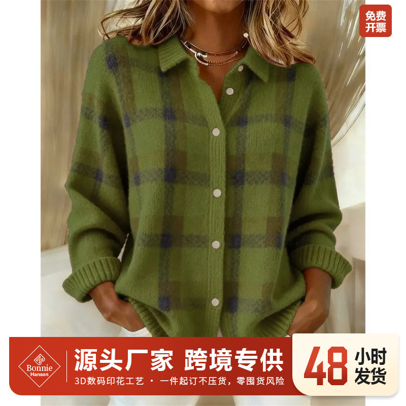 European and American Cross-Border Amazon Hot-Selling Round-Neck Plaid Knit Jacket, New Cross-Border Women's Plaid Shirt with 3D Printing