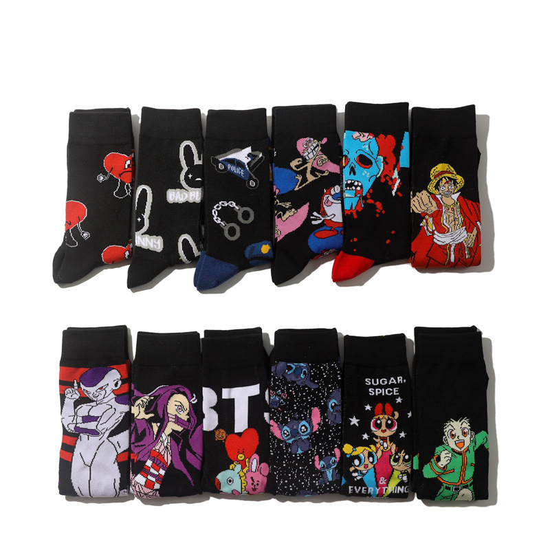 Calcetines al por mayor para hombres Calcetines de moda europeos y americanos Calcetines de algodón con dibujos animados de anime para mujeres Calcetines cómicos Calcetines Hiye de tubo medio de comercio exterior para hombres