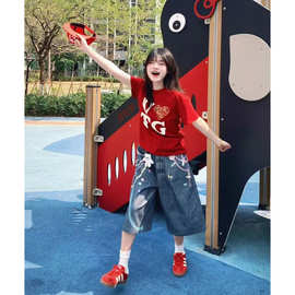 美式复古彩色链条印花七分牛仔裤女2025夏季新款高街宽松阔腿中裤
