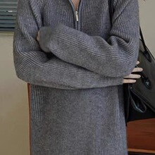 大码运动裙拉链翻领针织连衣裙女秋冬复古长款直筒加厚长袖打底裙