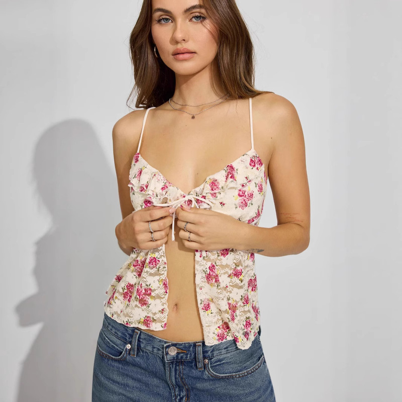 Amazon Aliexpress Hot Selling New Fashion Lace Sleeveless Top Slim Fit See-Through Sexy Backless Lace-Up Cardigan