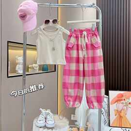 女童背心套装韩版时髦运动格子裤子2024新款中大童洋气女孩两件套