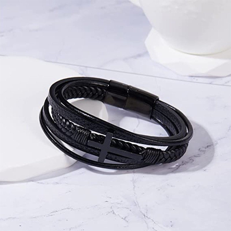 27g Weight Bracelets Classification Fashion Cross Rectangle Stainless Steel Pu Leather Braid Men's Bracelets Men Cord & Leather Bracelets